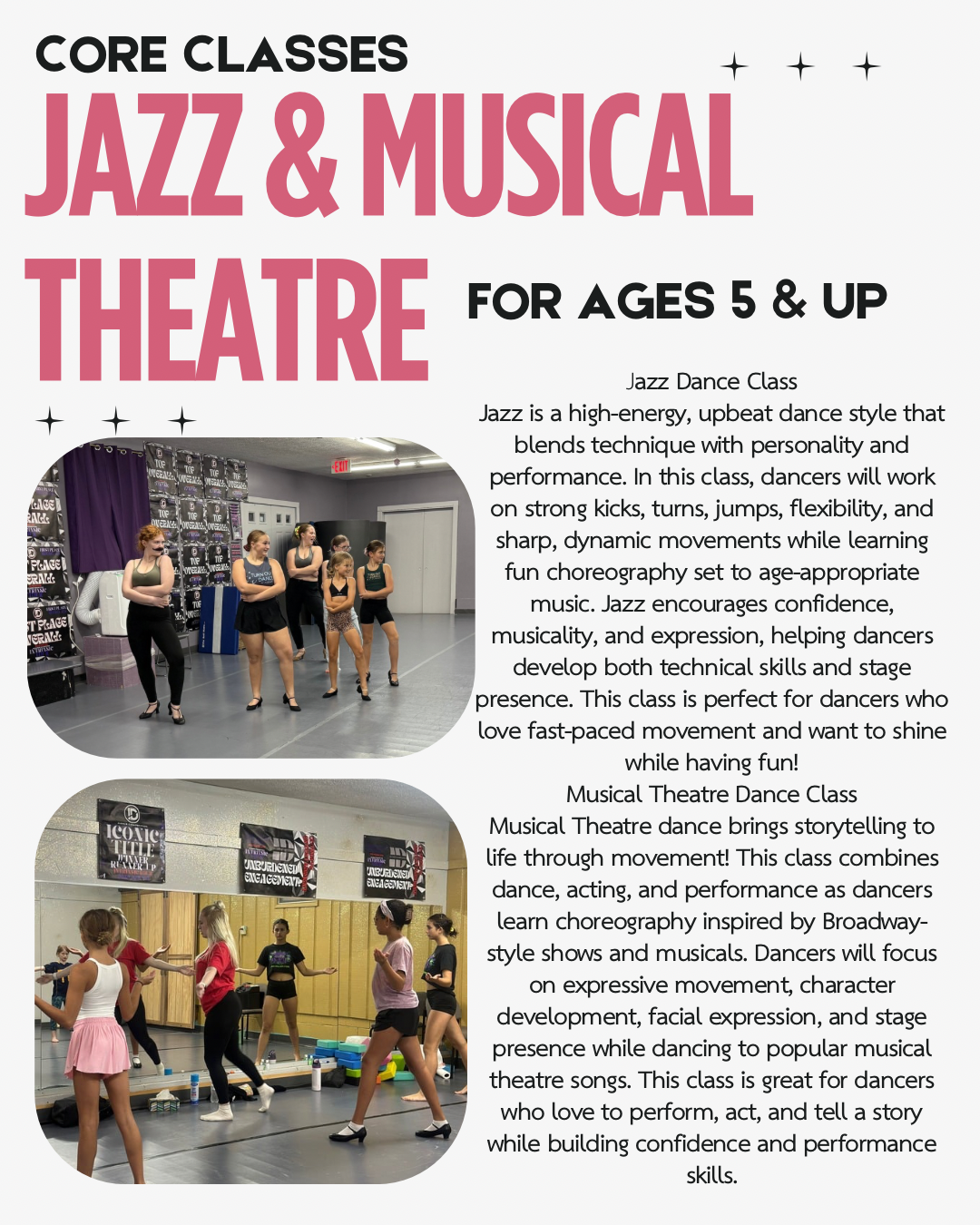 Jazz and musical theatre class information for ages five and up