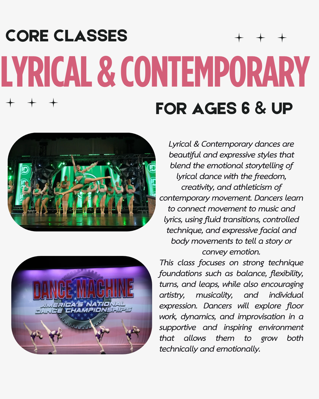 Lyrical and contemporary dance class information for ages six and up