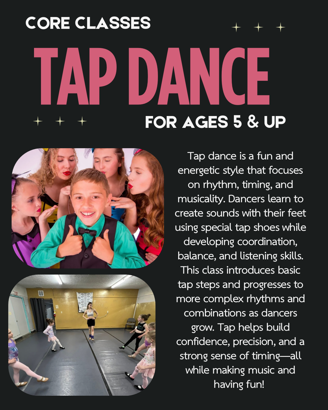 Tap dance class information for ages five and up
