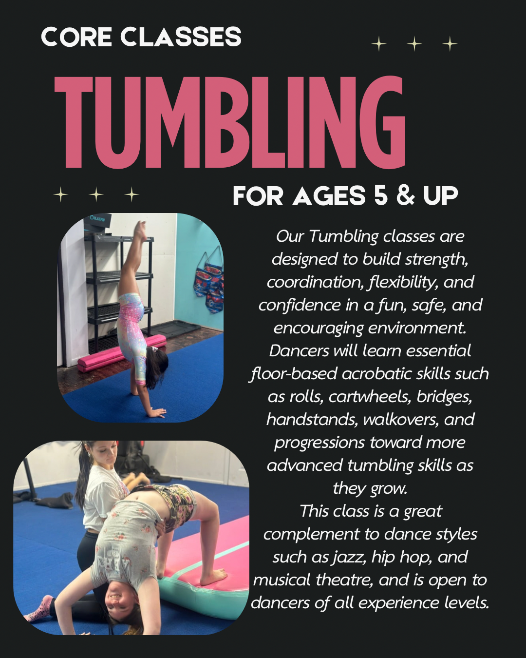 Core tumbling class information for dancers ages five and up