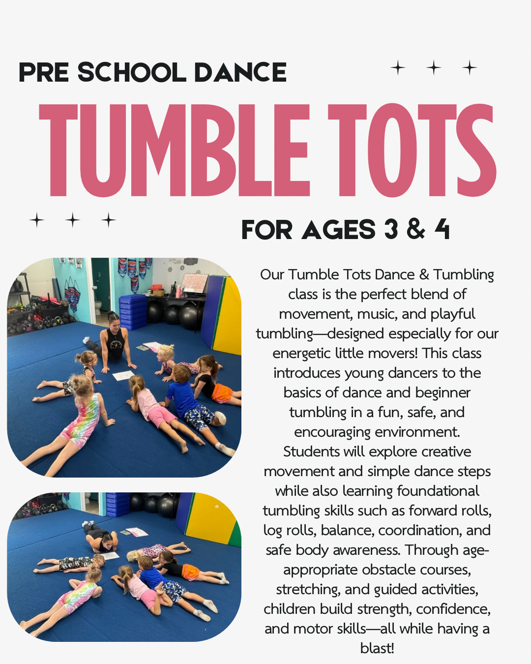 Tumble Tots preschool dance and tumbling class information for ages three and four