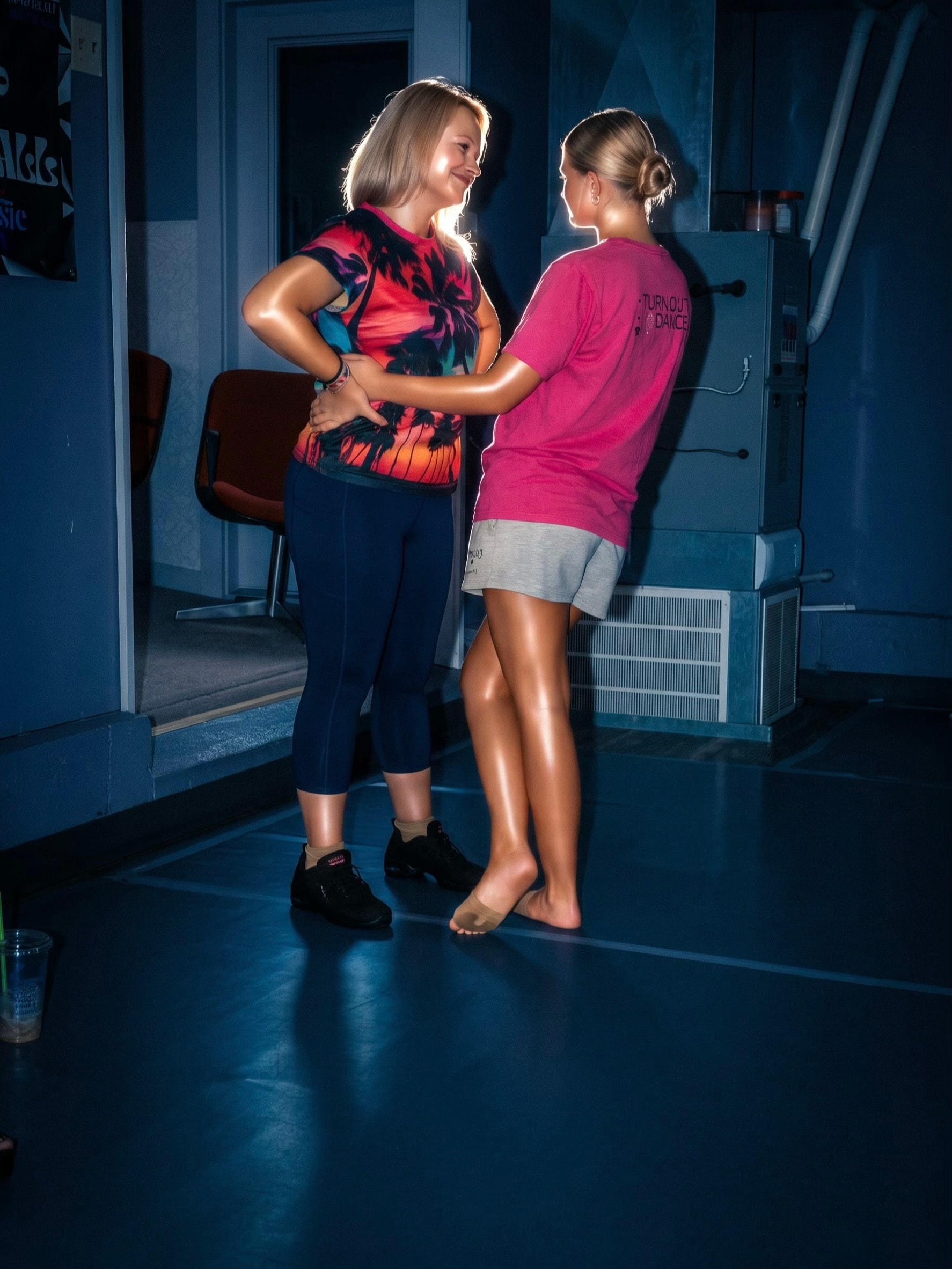 Two dancers sharing a candid practice moment in the Turn Out Dance Academy studio