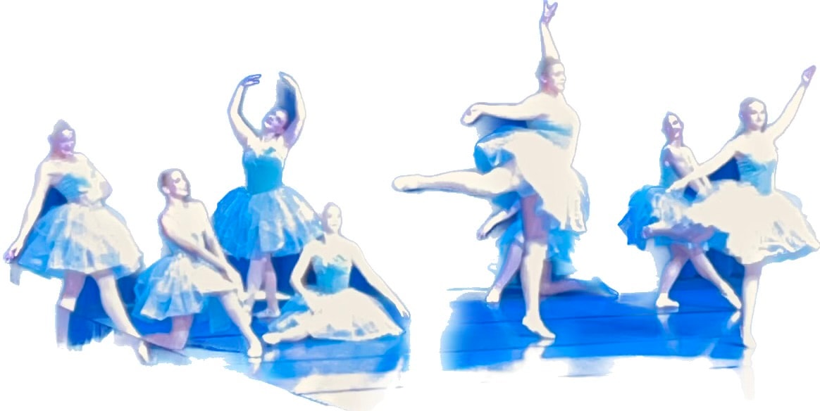 Ballet dancers performing in blue and white costumes